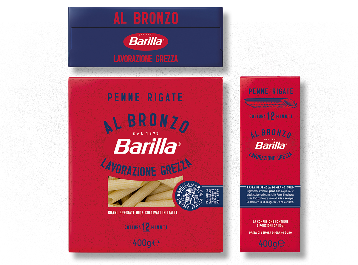 Nouveaux emballages de Barilla rouges et bleus.